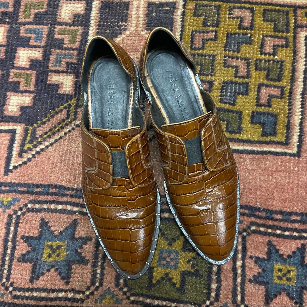 Freda Salvador Tan Crocodile Embossed Cutout Loafers